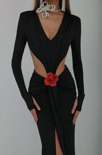 Sexy V-neck Backless Long Sleeves Skirt Waist Decorative Flower Split Fishtail Gown Dress Long - Gizmo Galaxy