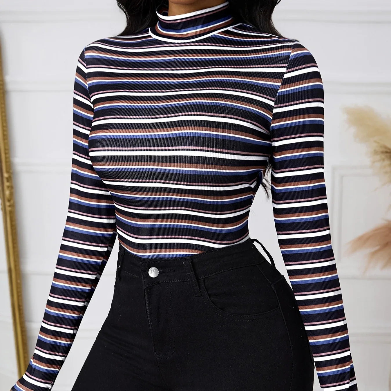 Ladies' Fashionable And Elegant Temperament Versatile Spring Multi-color Splicing Layer Long Sleeved Round Neck T-shirt Top - Gizmo Galaxy