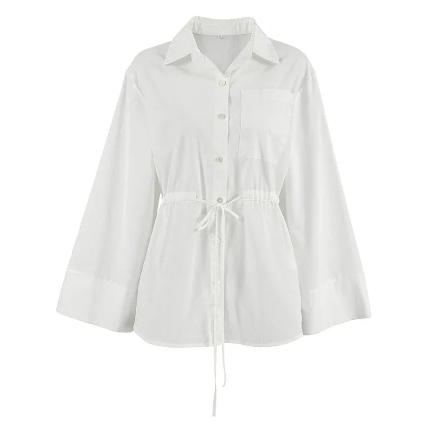 Women's Simple White Cotton And Linen Loose Lapels Shirt - Gizmo Galaxy