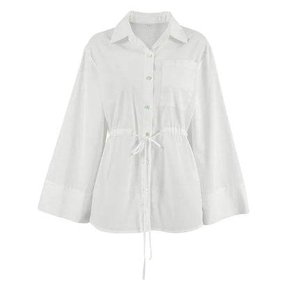 Women's Simple White Cotton And Linen Loose Lapels Shirt - Gizmo Galaxy