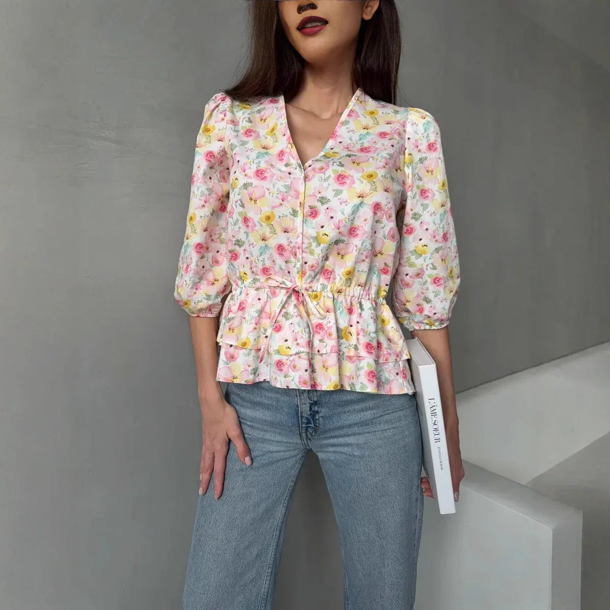 Drawstring Laced Puffed Sleeve V Neck Women's Blouse - Gizmo Galaxy