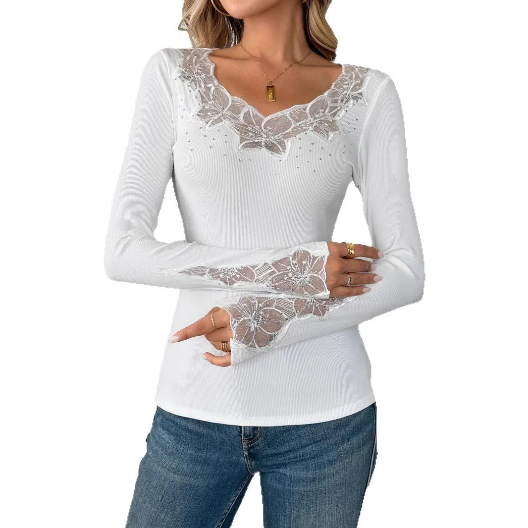 Solid Color Neckline And Cuff Stitching Lace Hot - Gizmo Galaxy
