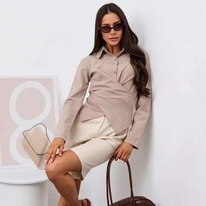 Women's Designer-style Shirt With A Turn-down Collar Slanted Front Placket And A Fitted Waist - Gizmo Galaxy
