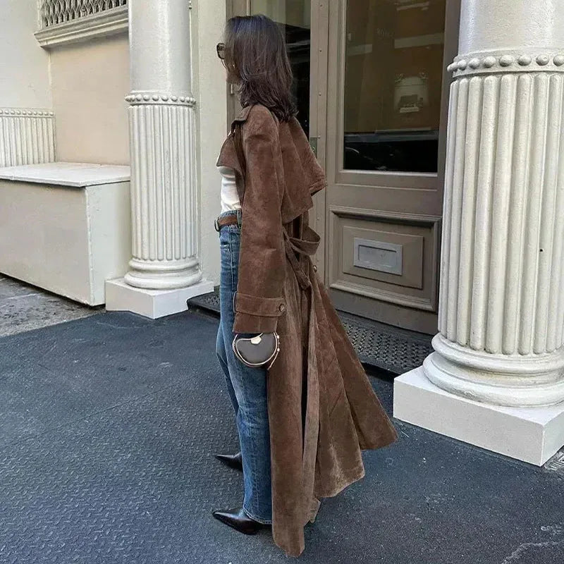 Double Breasted Lapel Shift Coat With Belt Fashion Vintage Suede Long Coat Winter Outwear Women's Clothing - Gizmo Galaxy