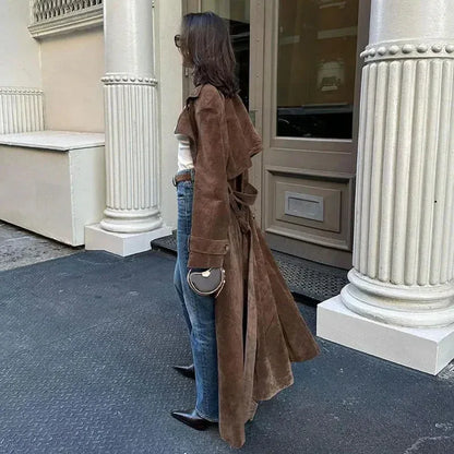 Double Breasted Lapel Shift Coat With Belt Fashion Vintage Suede Long Coat Winter Outwear Women's Clothing - Gizmo Galaxy