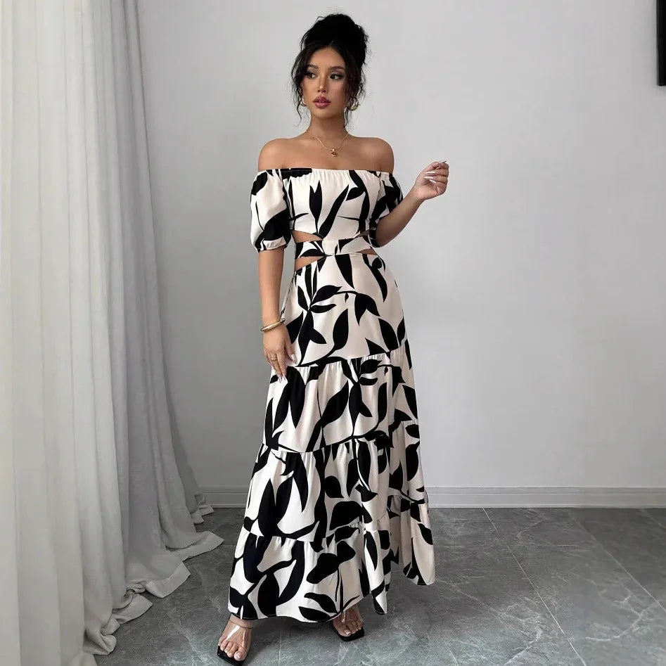 Off-shoulder Sexy Hollow-out Dress Printed Bodycon Dress That Flatters Your Figure And Shows Off Your Waist - Gizmo Galaxy