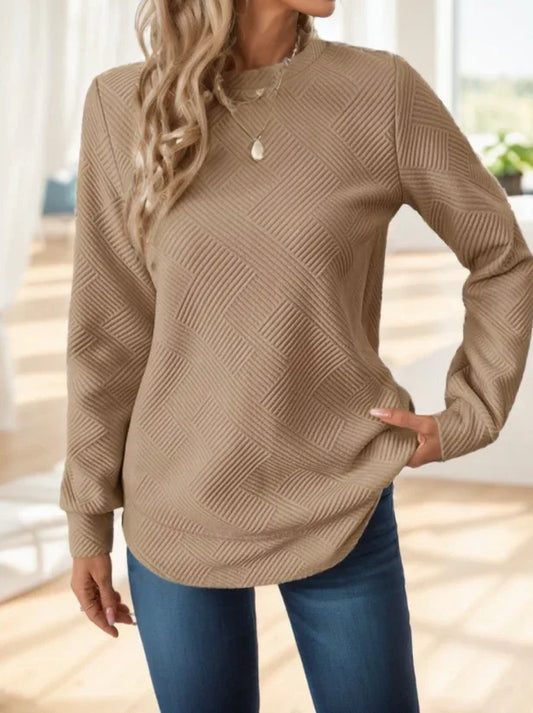 Women Casual Comfortable Waffle-Textured Asymmetrical Hem Crew Neck Sweatshirt - Gizmo Galaxy
