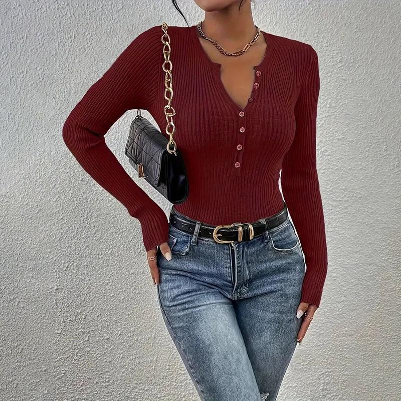 Women's Elegant V-Neck Button Detail Knit Sweater - Long Sleeve Solid Color Casual Pullover For Fall&SpringTop - Gizmo Galaxy
