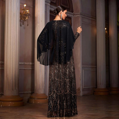 Elegant Long Sleeve Round Neck Shawl Banquet Sequined A- Line Evening Dress - Gizmo Galaxy