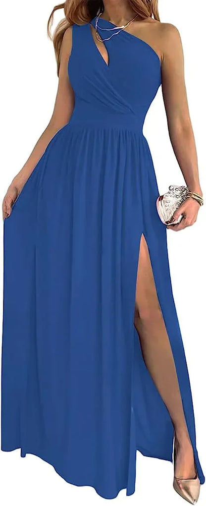 Women's One Shoulder High Split Cutout Sleeveless Elegant Sexy Cocktail Maxi Dress - Gizmo Galaxy