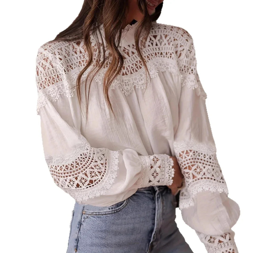Womens Solid-Color Crochet Hollowed-Out Flare-Sleeve Shirt - Gizmo Galaxy