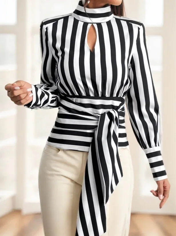 Ladies' Striped Long-sleeved Top - Gizmo Galaxy
