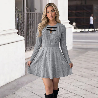 New High-end Gray Textured Knit Slim-fit Dress For Women - Gizmo Galaxy