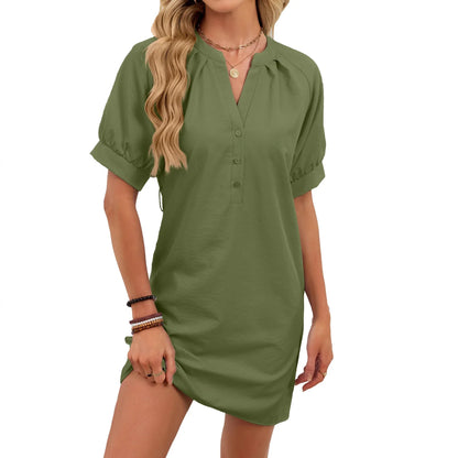 Women's Solid-Color Casual V-Neck Lace-Up Dress - Gizmo Galaxy