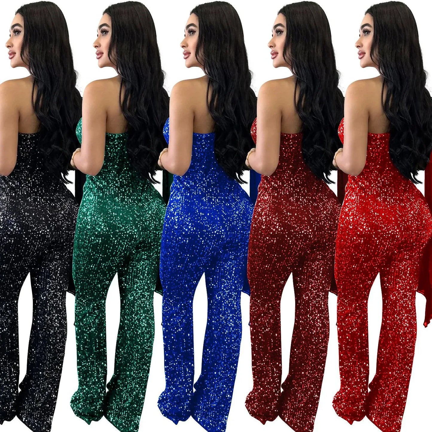 Women's Solid Color Sleeveless One-shoulder Sequined Trousers Jumpsuit - Gizmo Galaxy