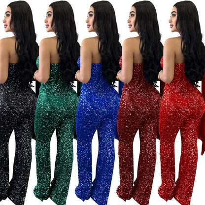 Women's Solid Color Sleeveless One-shoulder Sequined Trousers Jumpsuit - Gizmo Galaxy