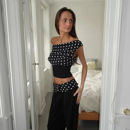 Polka Dots Print Oblique Shoulder Tops Summer Patchwork Chiffon Crop Top Women Sexy Sleeveless Lace Up Backless Blouse Casual Streetwear Tee - Gizmo Galaxy