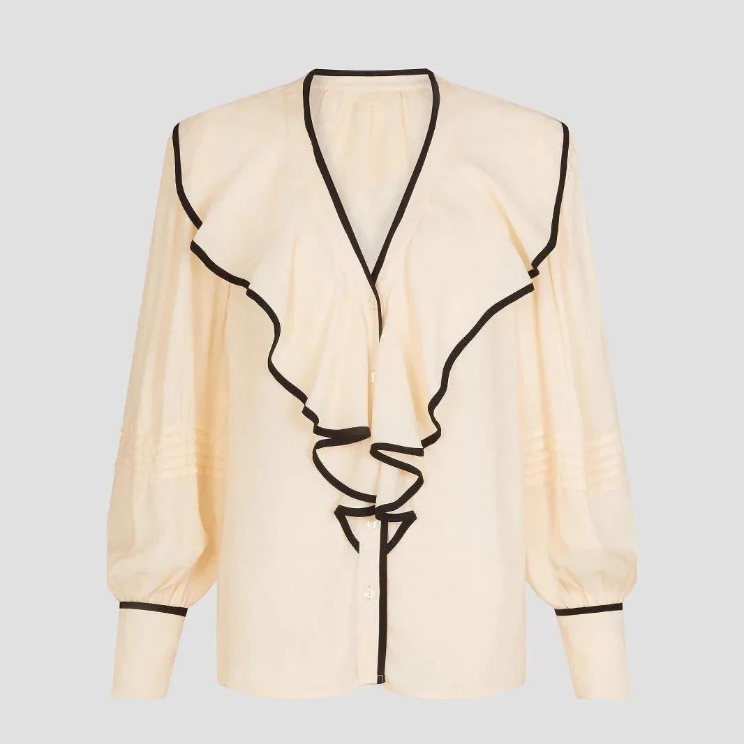 New Women's V-neck Retro Loose-fit Contrast-color Pleated Blouse - Gizmo Galaxy