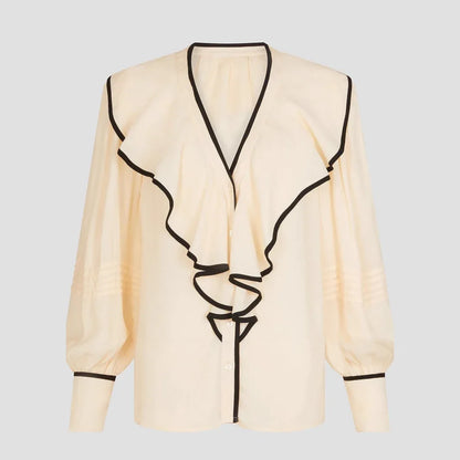 New Women's V-neck Retro Loose-fit Contrast-color Pleated Blouse - Gizmo Galaxy
