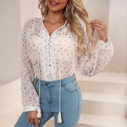 Womens Casual V-Neck Embroidered Shirt With Drawstring Trim - Gizmo Galaxy