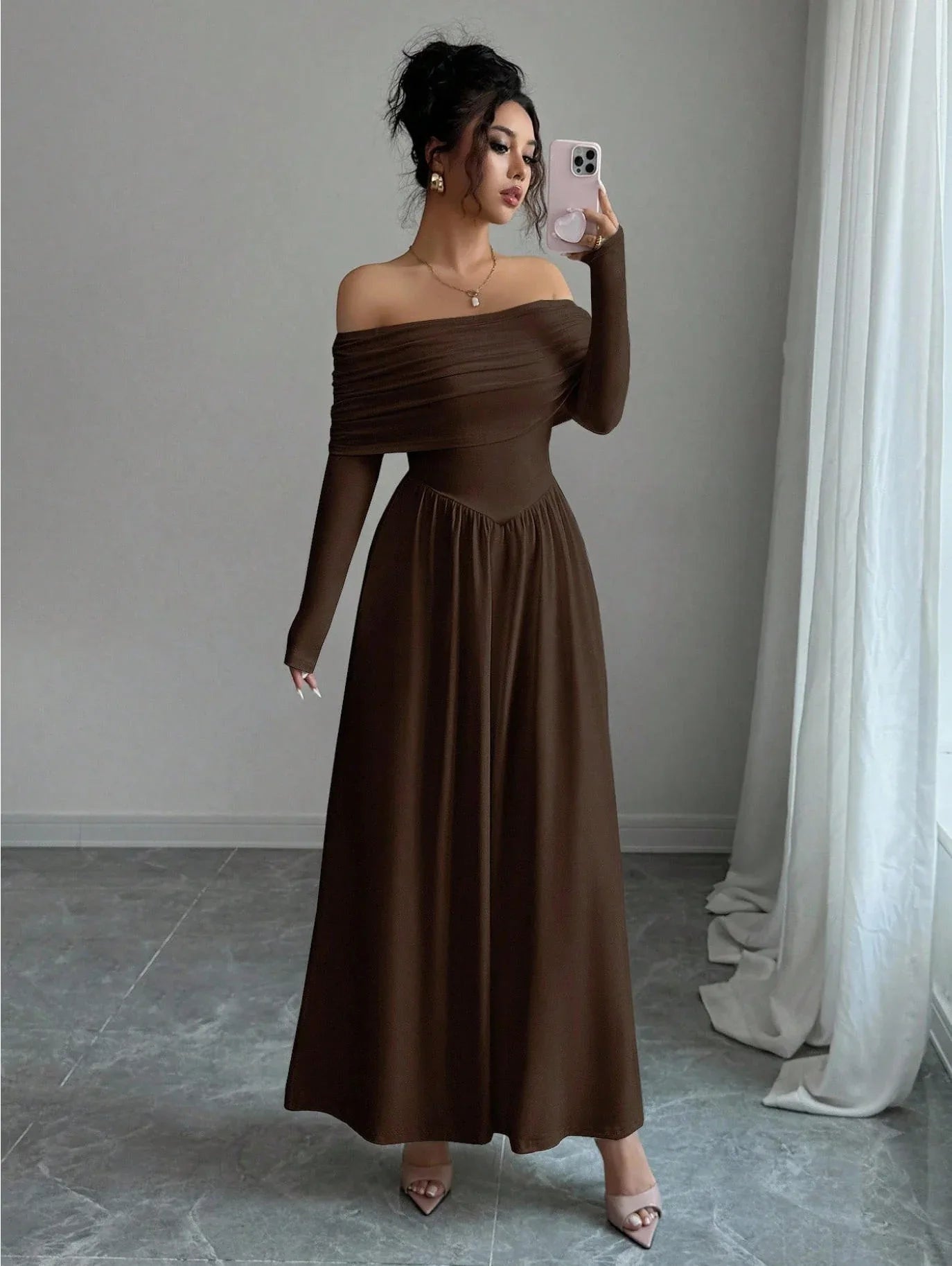 Women's Solid-Color French-Style Off-the-Shoulder Knitted Dress - Gizmo Galaxy