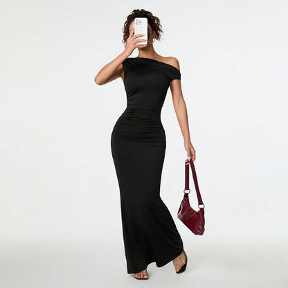 Women's Sexy Socialite-style Dress Summer Off-shoulder Slant-neck Black Evening Gown Maxi Dress - Gizmo Galaxy