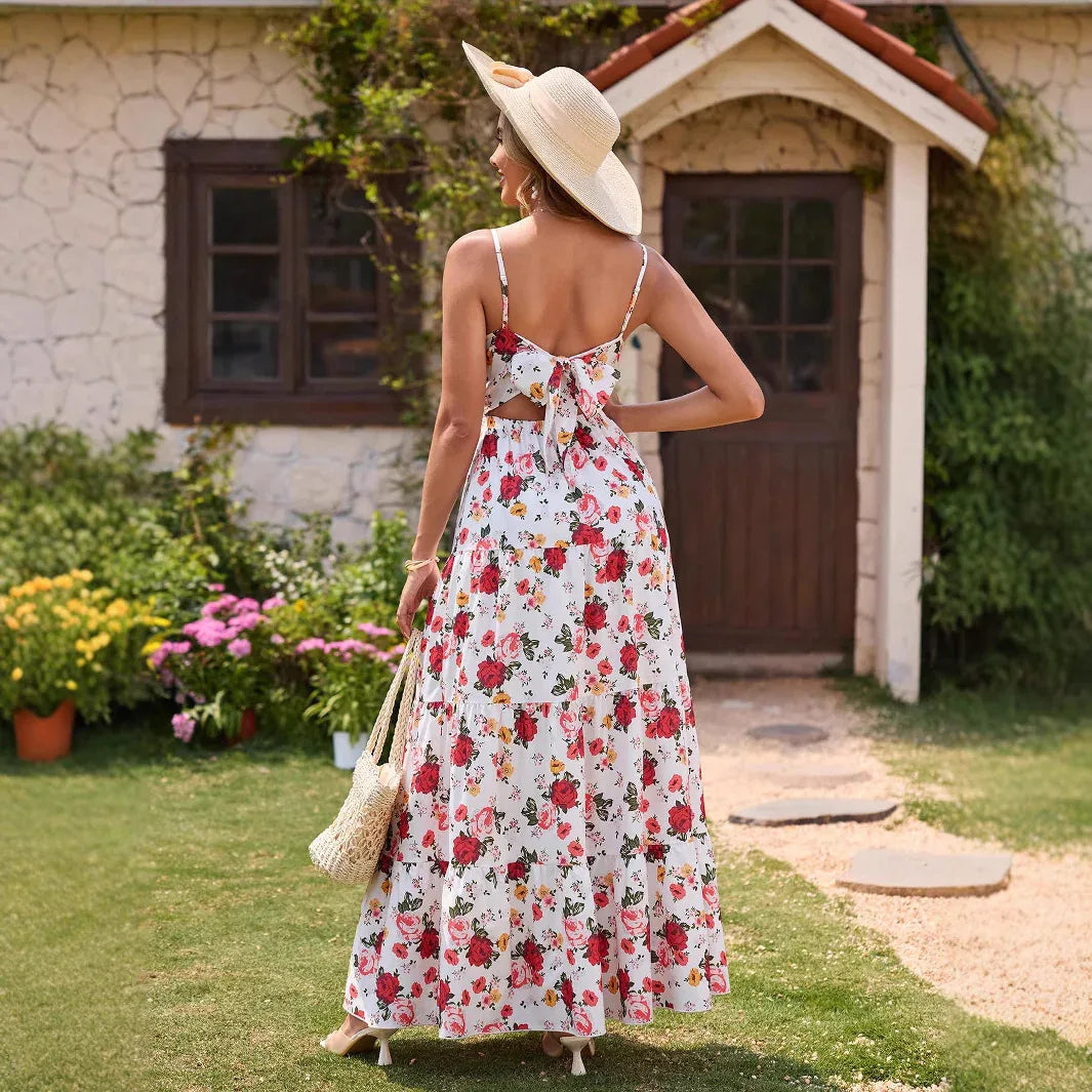 Women's V-neck Slip Dress With Bow And Floral Print - Gizmo Galaxy