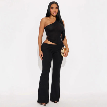 Fashionable Solid-Color Slim-Fit Asymmetrical-Neck Tops And Pants Set That Flatters Your Figure - Gizmo Galaxy