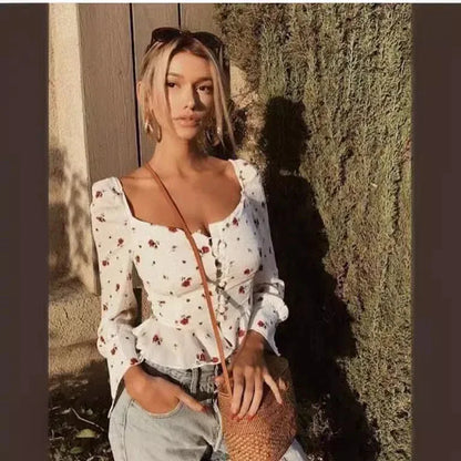 French Retro Square Neck Print Single-breasted Long Sleeve Ruffle Shirt - Gizmo Galaxy