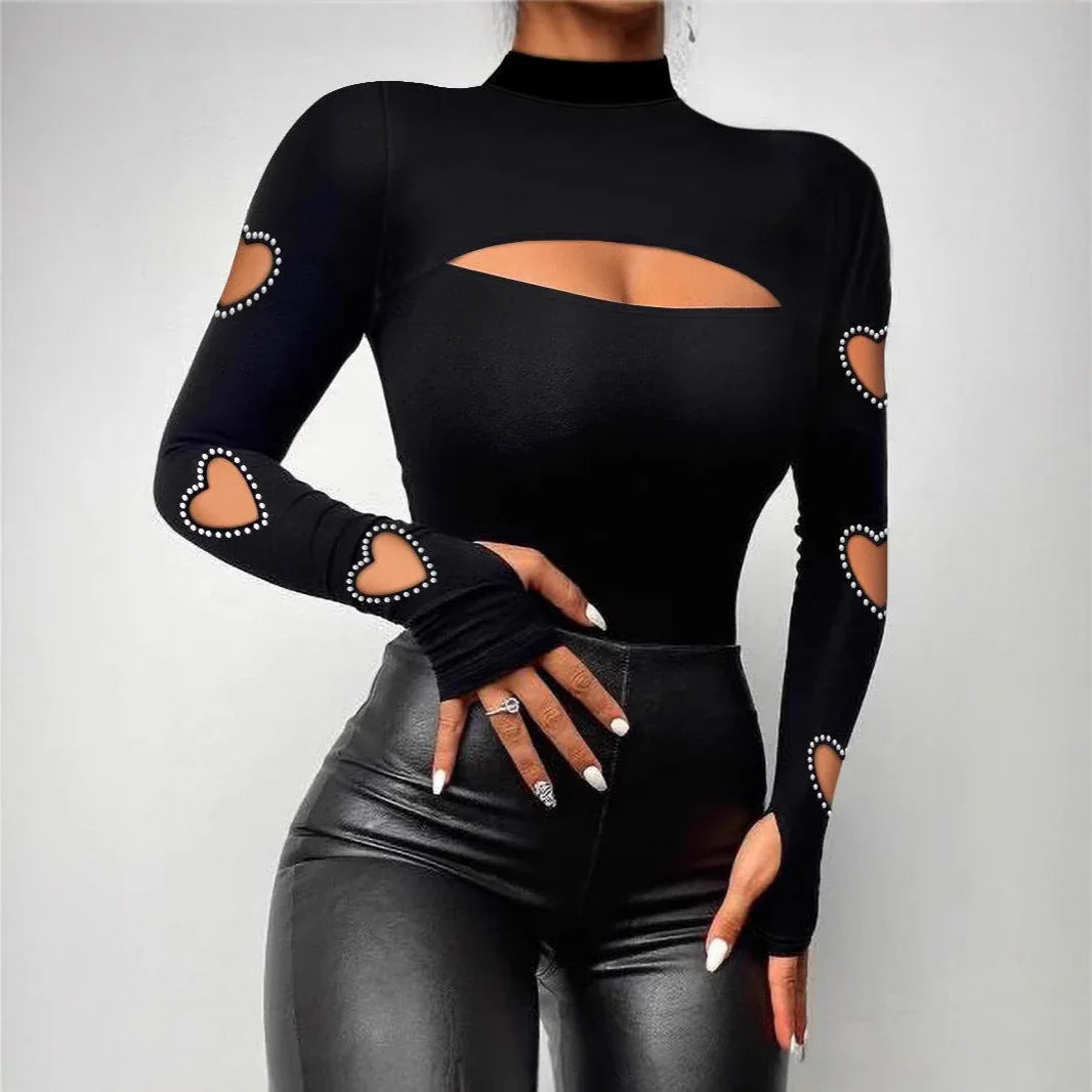 New Slim Fit Hollowed Heart Shape Long Sleeve Top Women's Clothing - Gizmo Galaxy
