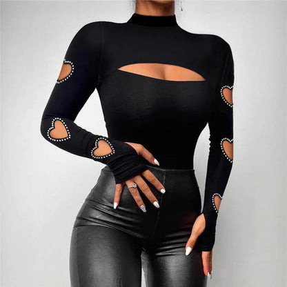 New Slim Fit Hollowed Heart Shape Long Sleeve Top Women's Clothing - Gizmo Galaxy