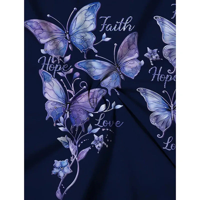 Women Butterfly Print Long Sleeve Shirts Faith-Hope-Love Graphic Tops Casual Loose Fit - Gizmo Galaxy