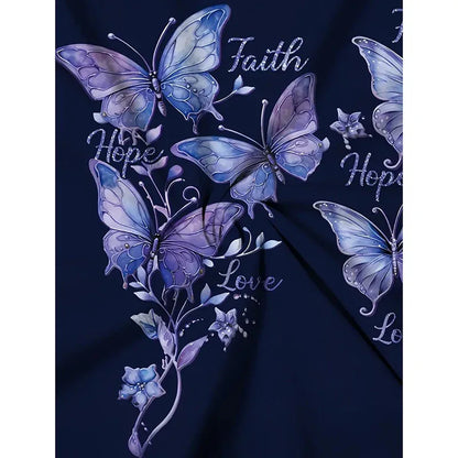 Women Butterfly Print Long Sleeve Shirts Faith-Hope-Love Graphic Tops Casual Loose Fit - Gizmo Galaxy