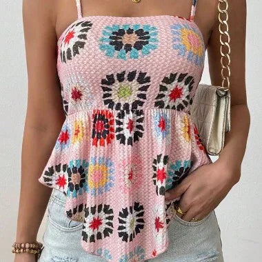 Women's Vacation Hibiscus Printed Ruffle Hem Casual Camisole Top Graphic Tees - Gizmo Galaxy