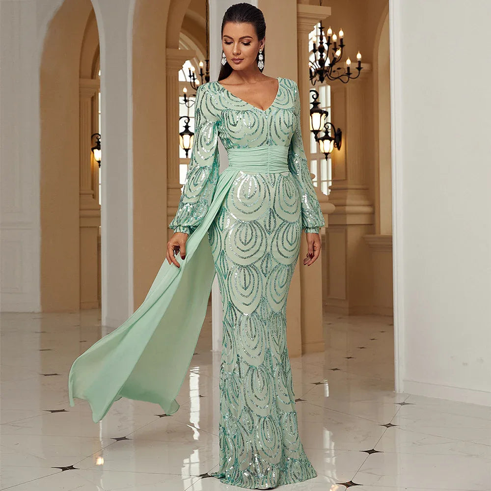 Long Sleeve Sexy Long Sequined V-neck Banquet Ribbon Evening Dress - Gizmo Galaxy
