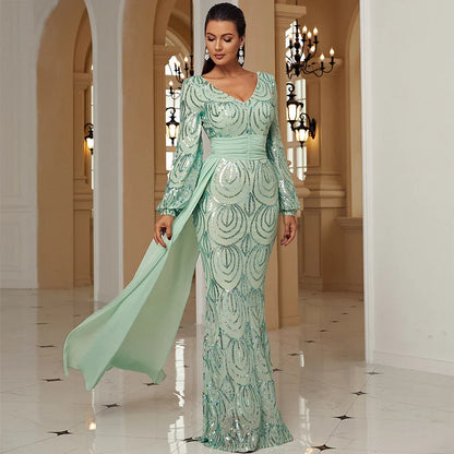 Long Sleeve Sexy Long Sequined V-neck Banquet Ribbon Evening Dress - Gizmo Galaxy