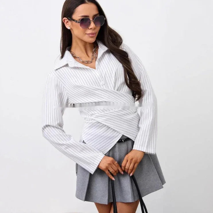 Women's Designer-style Shirt With A Turn-down Collar Slanted Front Placket And A Fitted Waist - Gizmo Galaxy