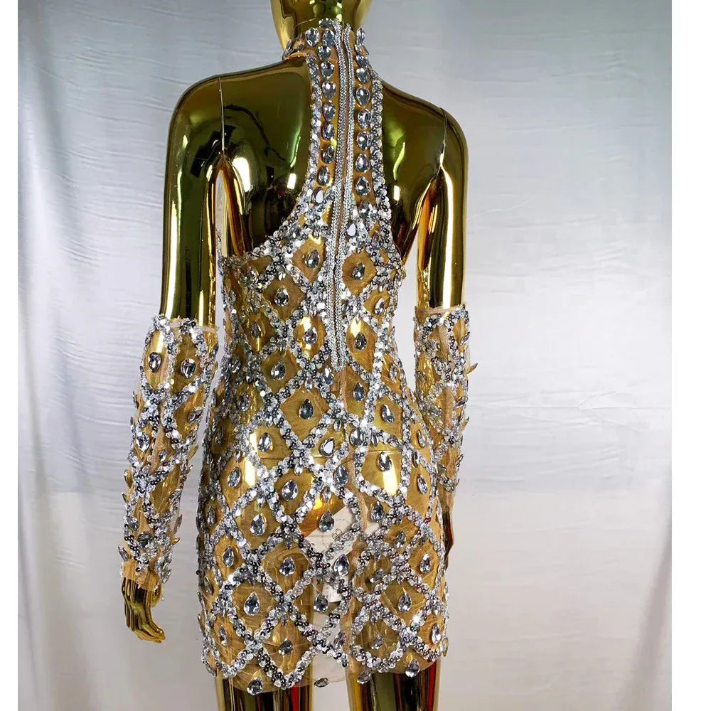High-end Women's Heavy-duty Rhinestone Plaid Sequined Gloves Ultra-short Dress - Gizmo Galaxy