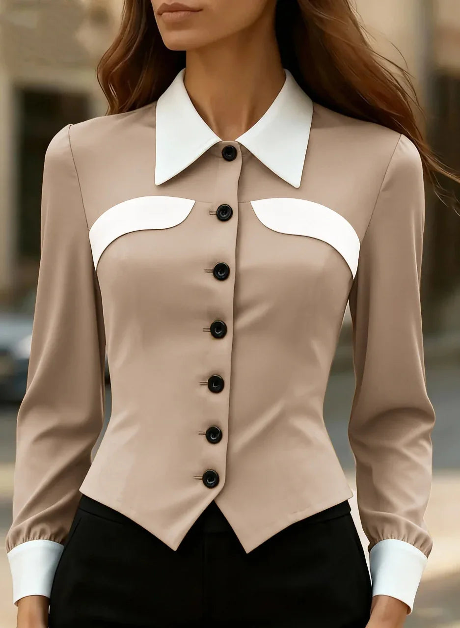 Independent Website Women's Color-block Slim-fit Versatile Slimming Long-sleeved Shirt - Gizmo Galaxy