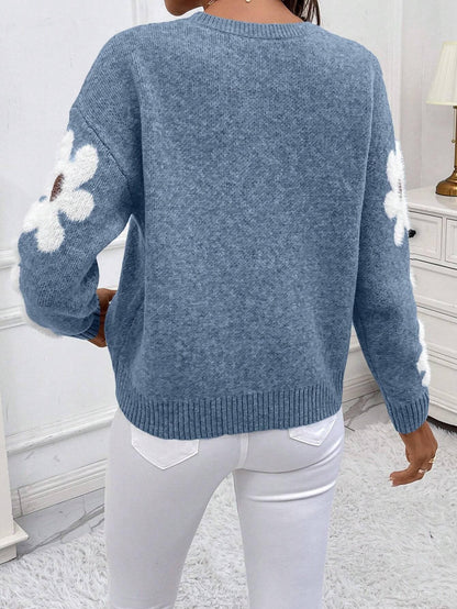 Floral Pattern Drop Shoulder Sweater,Long Sleeve Tops - Gizmo Galaxy