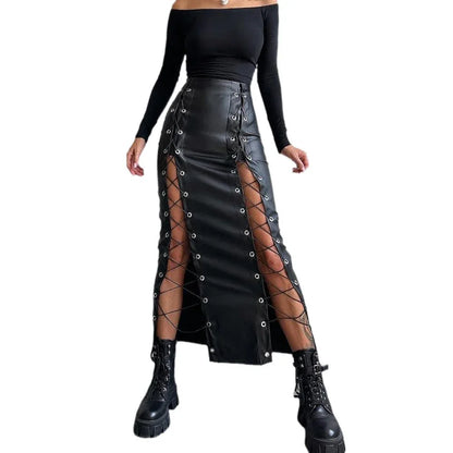 Women's Leather Sexy Solid Color Slit Tie Wrap Skirt - Gizmo Galaxy