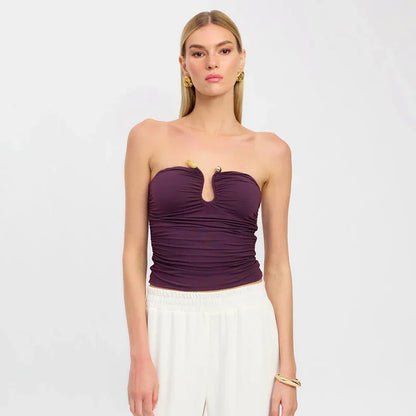 Solid Color Chest-wrapped Backless Pleated Agate T-shirt - Gizmo Galaxy