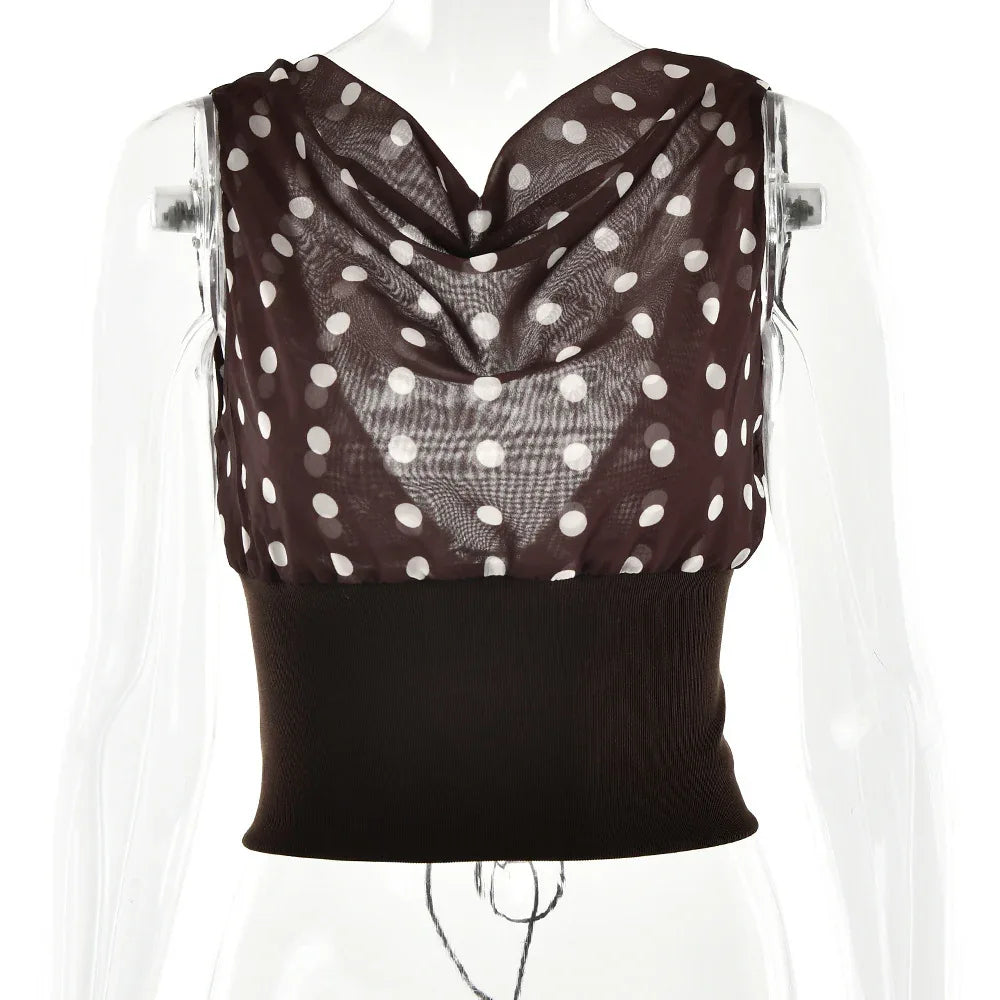 Polka Dots Print Oblique Shoulder Tops Summer Patchwork Chiffon Crop Top Women Sexy Sleeveless Lace Up Backless Blouse Casual Streetwear Tee - Gizmo Galaxy