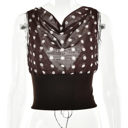 Polka Dots Print Oblique Shoulder Tops Summer Patchwork Chiffon Crop Top Women Sexy Sleeveless Lace Up Backless Blouse Casual Streetwear Tee - Gizmo Galaxy