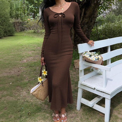 Pure And Alluring V-neck Long-sleeve Early Autumn New Arrival Spicy Girl's Figure-flattering Slimming Elegant A-line Dress - Gizmo Galaxy