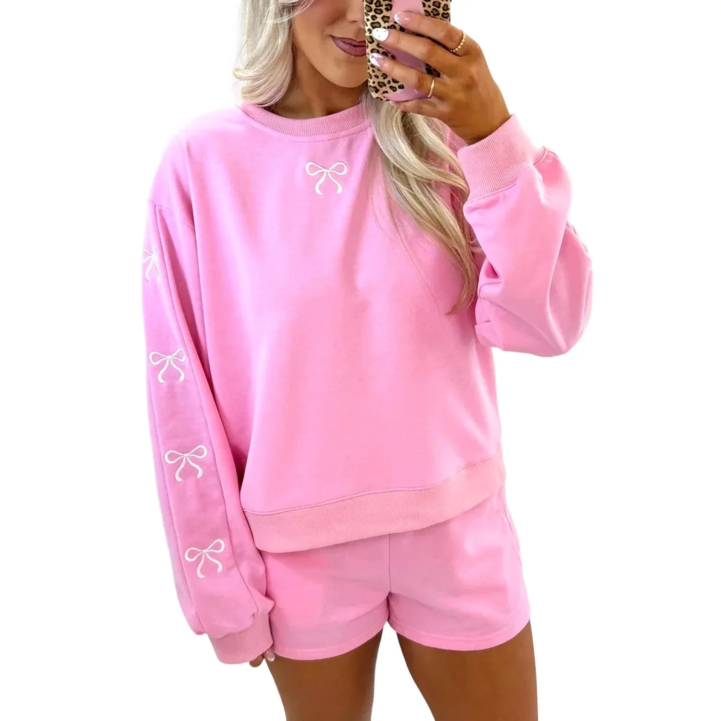 Casual Loose-fit Crew-neck Pullover Solid-color Embroidered Long-sleeve Top And Shorts Set - Gizmo Galaxy