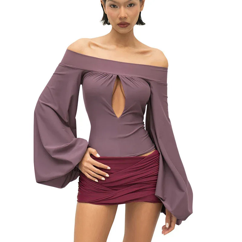 European And American-style Off-neck Lantern Sleeve Hollow-out Top For Women - Gizmo Galaxy