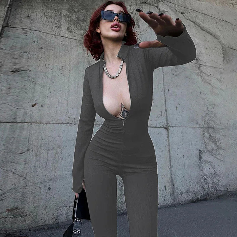 Women's Fashion Personality Chest Zipper Slim-fit Long-sleeved Stretch Bottoming Jumpsuit - Gizmo Galaxy