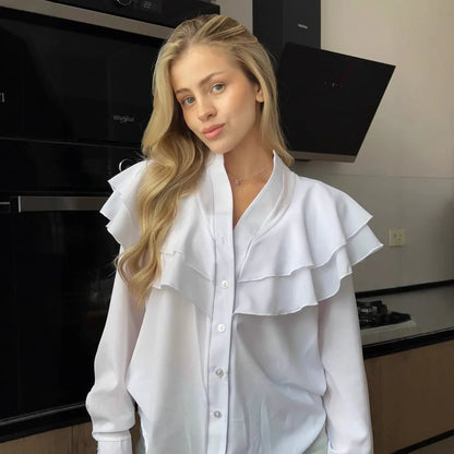 Casual Lotus Leaf V-neck Chiffon Women Temperament Shirt - Gizmo Galaxy