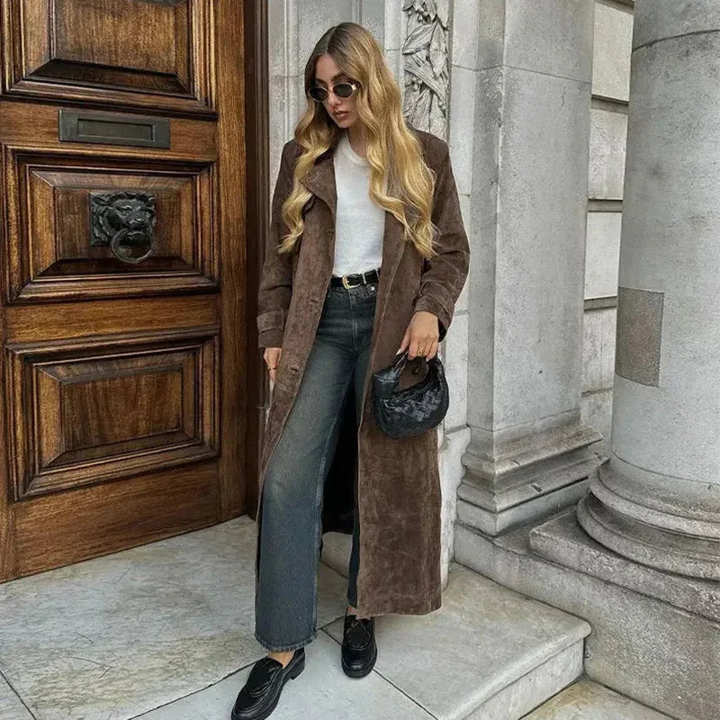 Double Breasted Lapel Shift Coat With Belt Fashion Vintage Suede Long Coat Winter Outwear Women's Clothing - Gizmo Galaxy